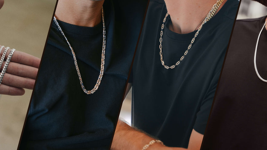 Men and women wearing solid 925 sterling silver chains in multiple styles including Cuban link, mariner, and rope — best-selling silver necklaces from Liry's Jewelry