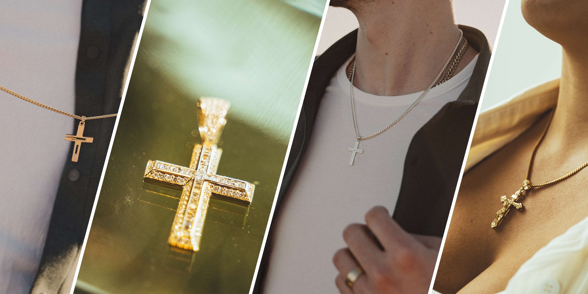 Four styles of gold and silver cross and crucifix pendants — minimalist cross, diamond-set crucifix, silver cross necklace, and gold crucifix — from Liry's Jewelry