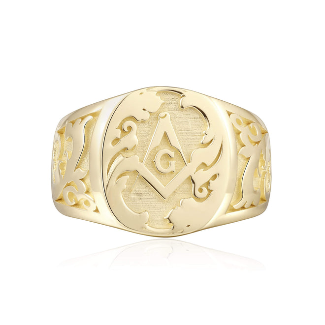 Anillo de sello masónico con escuadra y compás