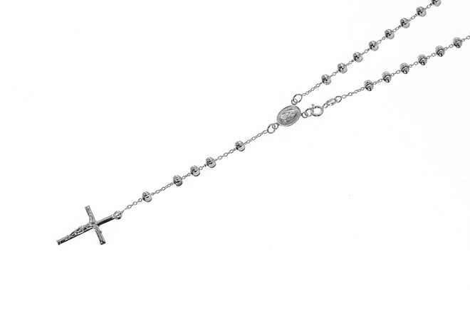 Silver Diamond Cut Rosary Necklace