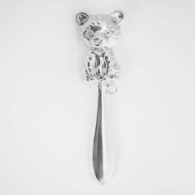 Tiger 925 sterling silver baby rattle polished finish newborn gift