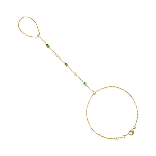 Emerald and Diamond Hand Chain in 14kt yellow gold with natural emeralds on white background