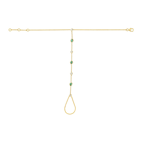 Emerald and Diamond Hand Chain in 14kt yellow gold, detail view of emerald and diamond bezels