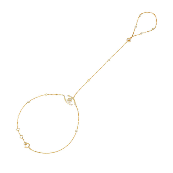 Evil Eye Diamond Hand Chain in 14kt yellow gold with pavé evil eye centerpiece on white background