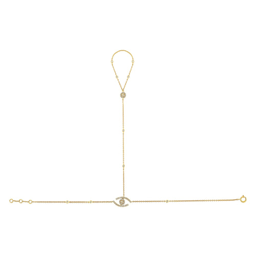 Evil Eye Diamond Hand Chain in 14kt yellow gold, detail view of evil eye diamond motif