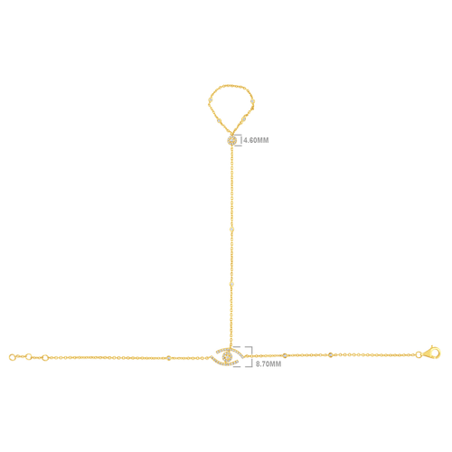 Evil Eye Diamond Hand Chain in 14kt yellow gold, side view, pavé evil eye and diamond stations