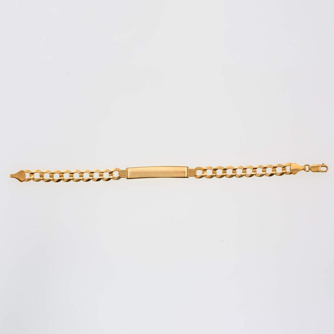 Men's 10mm solid gold curb ID bracelet with engravable plate