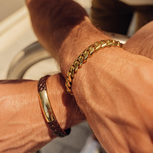 gold 10mm miami cuban link bracelet with leather bracelet