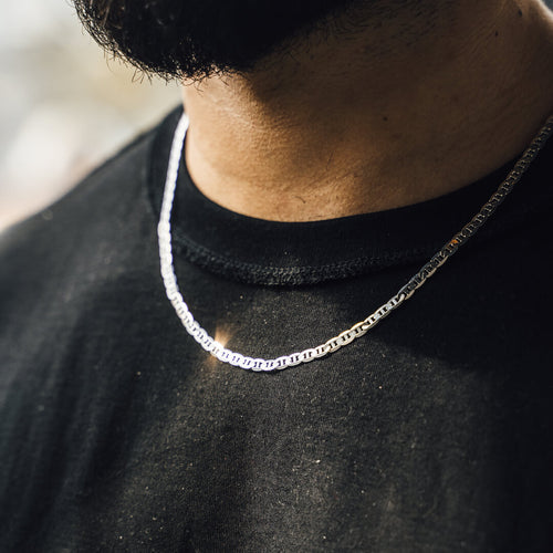 oversized gray v neck tee, long silver beaded necklace, J. Crew