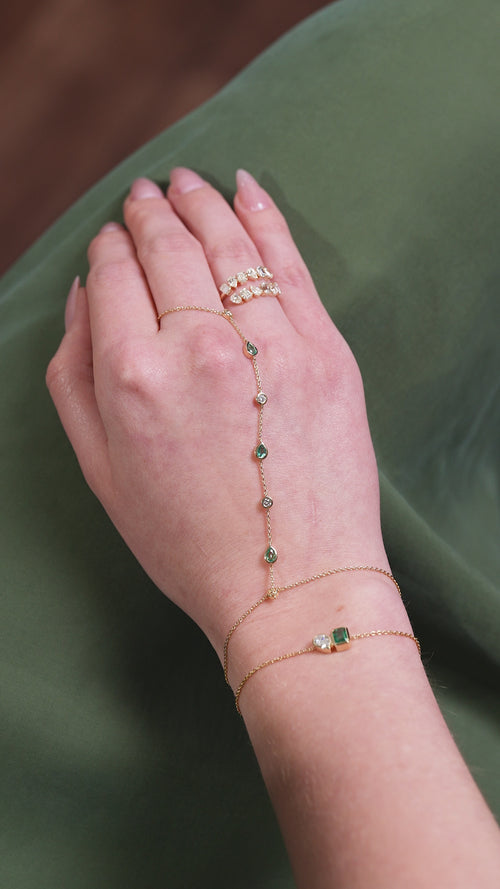Video  of Emerald and Diamond Hand Chain in 14kt yellow gold worn on hand
