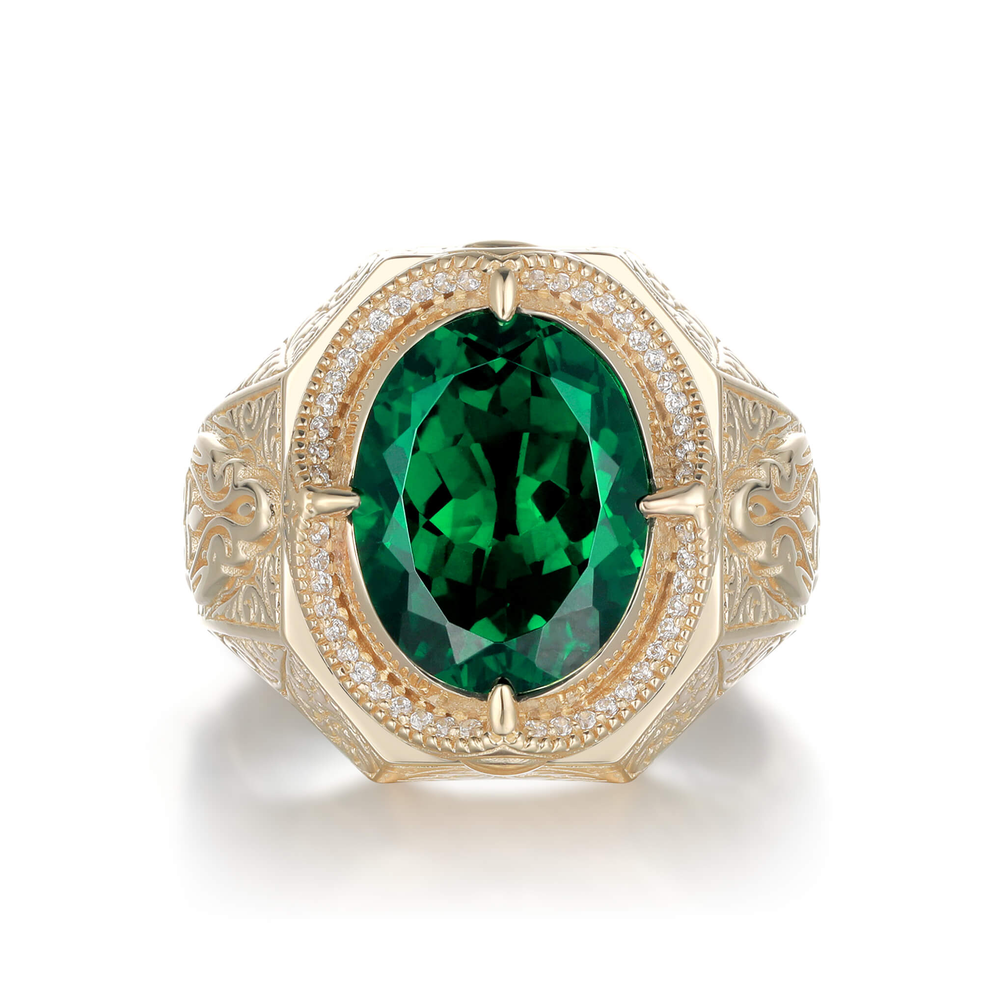 18k Yellow Gold Men's Ring with Green Emerald Gemstone and Diamonds – J F M