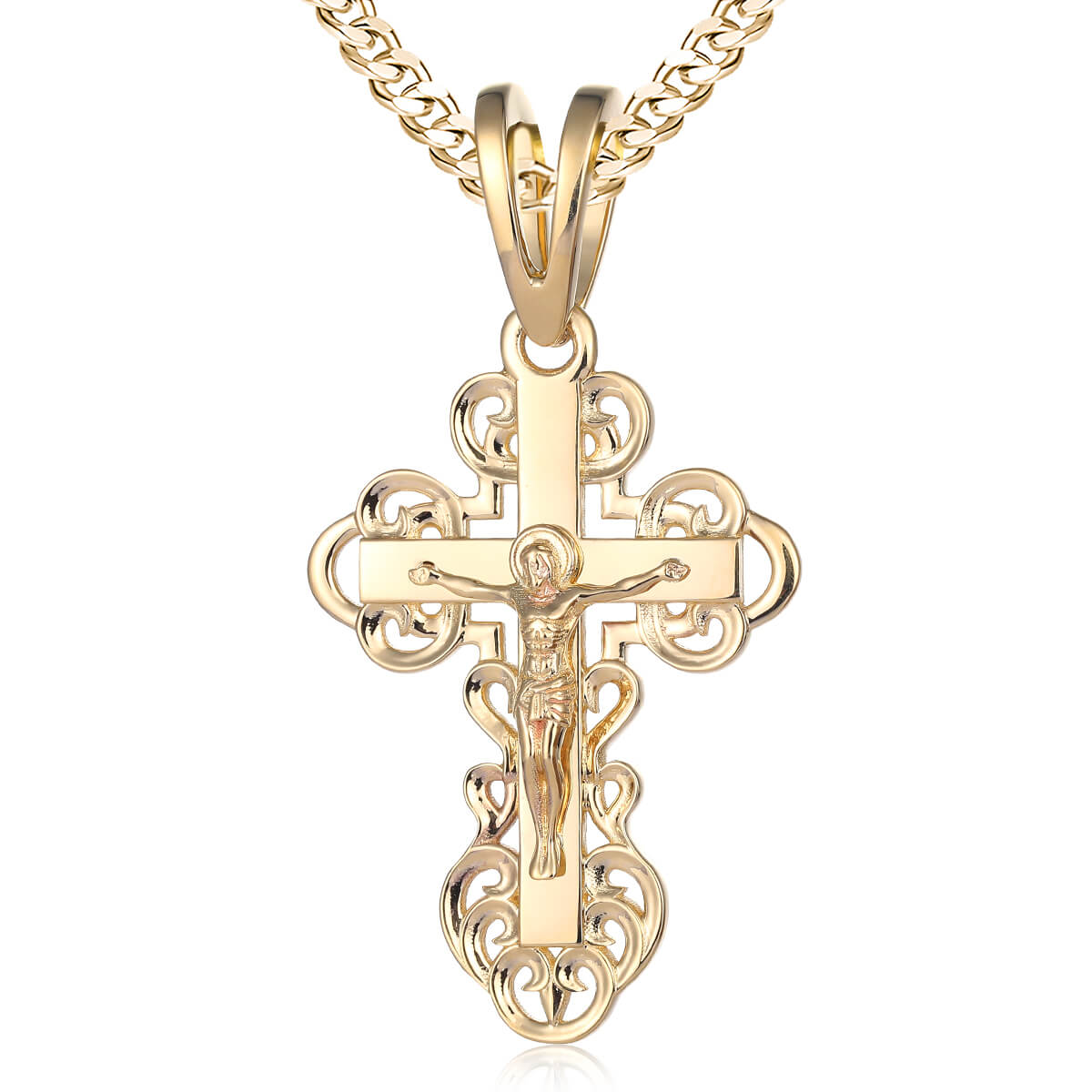 Solid 14k Yellow Gold INRI Fleur De Lis Cross Pendant Crucifix