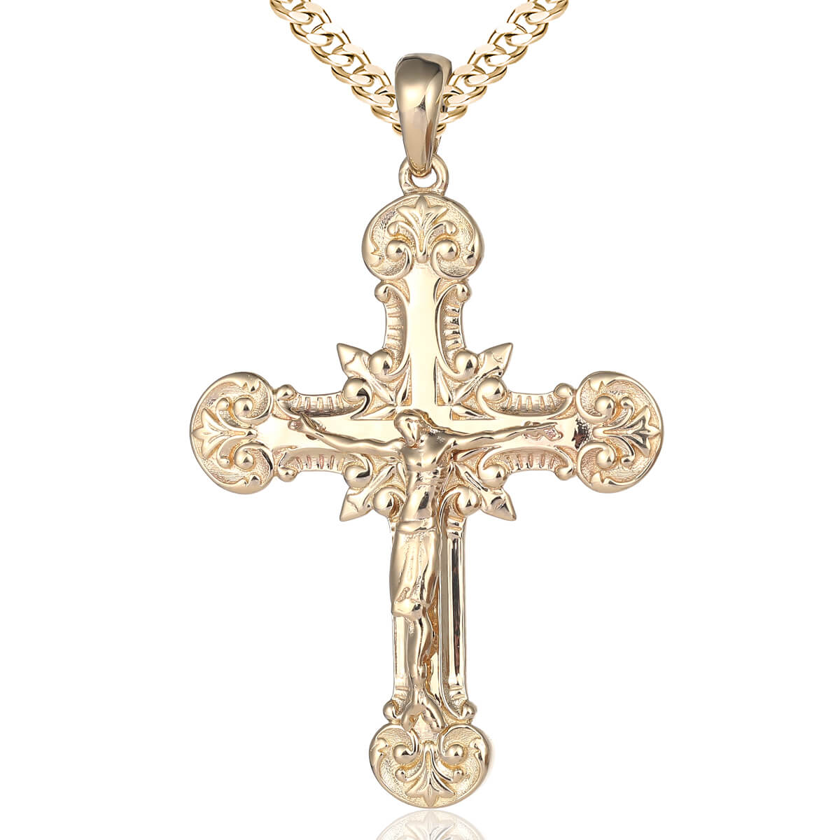 Solid 14k Yellow Gold INRI Fleur De Lis Cross Pendant Crucifix