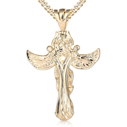 Large solid gold crucifix with winged angels in background