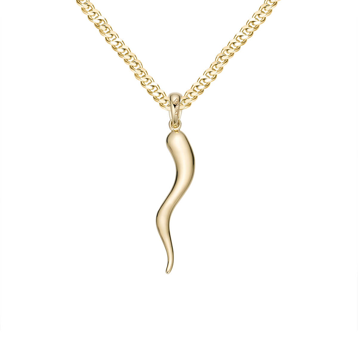 14K Yellow Gold Cornicello Italian Horn Necklace Good Luck Charm Pendant  with 1.9mm Figaro 3+1 Chain - 16