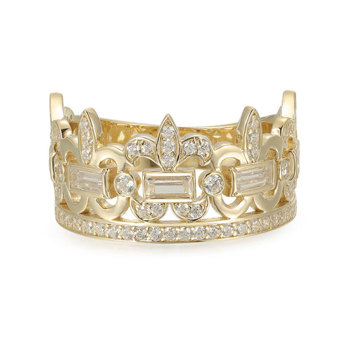 Crown Ring with Fleur-De-Lis CZ Pattern